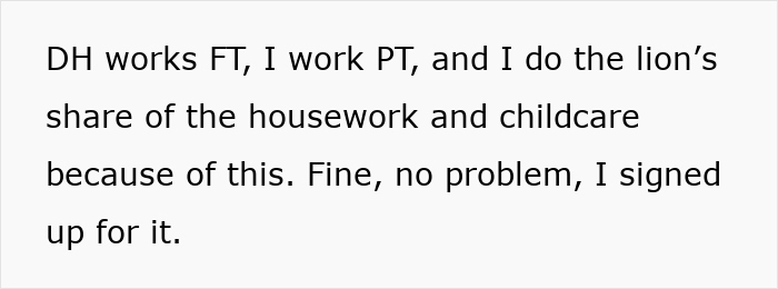 Text discussing husband's role and housework with toddlers on weekends.