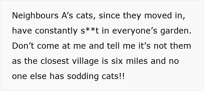 Text image about complaints regarding neighbor's cats using yards as toilets.