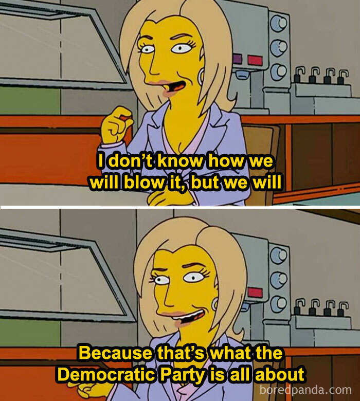 Cartoon character making a prediction about the Democratic Party in a humorous expression.