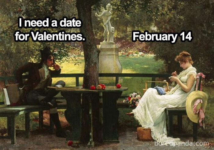 Classical painting with a man seeking a Valentine's date and a woman responding with "February 14" to create a relatable meme.