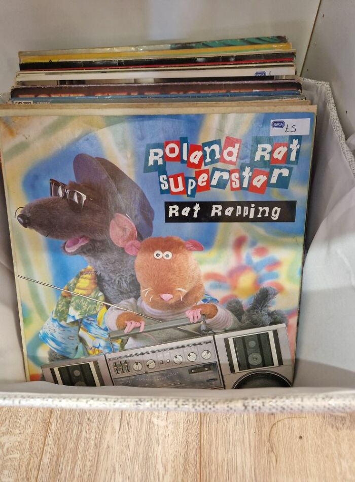 Vinyl record titled "Roland Rat Superstar: Rat Rapping" found in a secondhand shop, featuring animated characters.