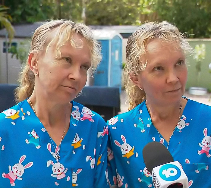 Twins in bunny print shirts speaking in unison during an interview. Twins in bunny print shirts speaking in unison during an interview.