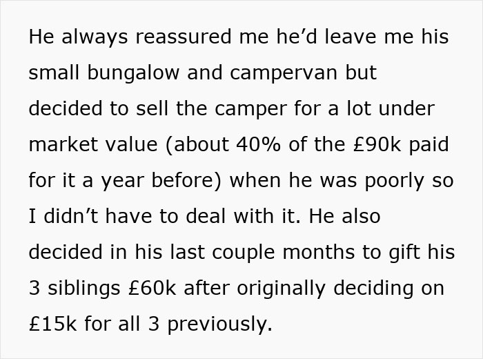 Text screenshot of a woman explaining guilt after inheriting late father’s estate and changes to his final wishes. Text screenshot of a woman explaining guilt after inheriting late father’s estate and changes to his final wishes.
