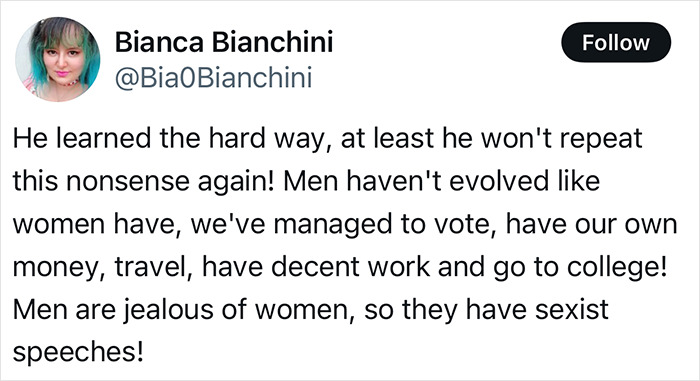Tweet by Bianca Bianchini praising a woman for locking little brother outside to teach him a lesson about sexism. Tweet by Bianca Bianchini praising a woman for locking little brother outside to teach him a lesson about sexism.