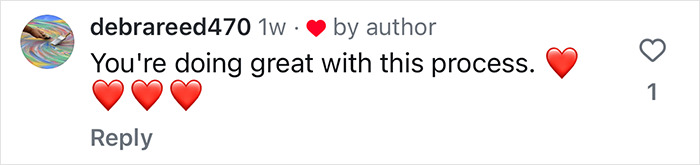 Comment from user debrareed470 praising a process, with multiple red heart emojis.