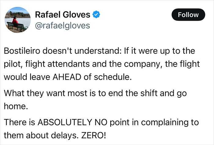 Tweet discussing flight attendants and pilot prioritizing ending shifts over avoiding flight delays during incidents involving passengers.