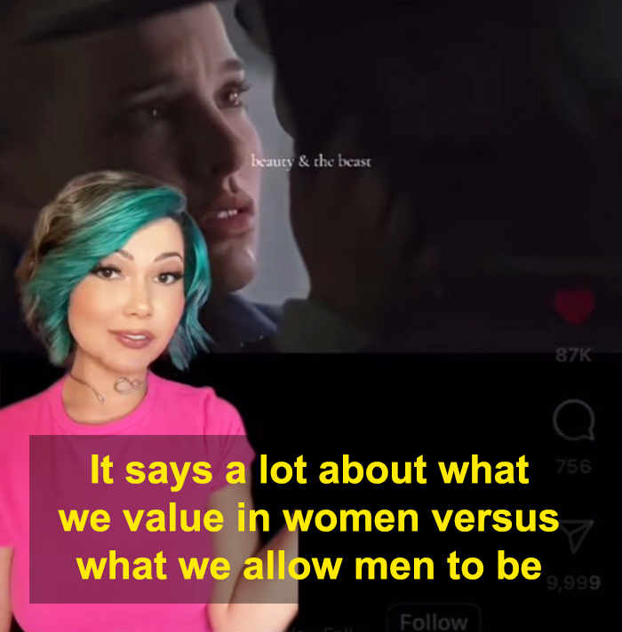 Woman exposing beauty standards in fairy tales with emphasis on human female and male beast roles.