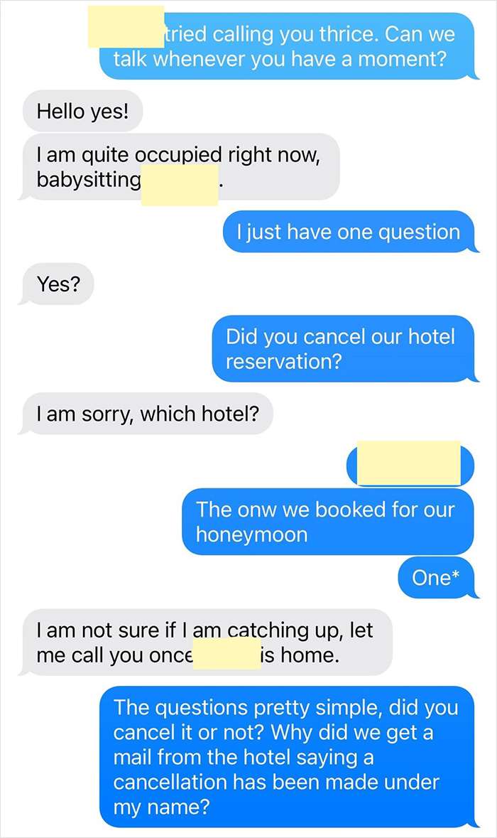 Text conversation about MIL canceling son's honeymoon hotel reservation without permission.