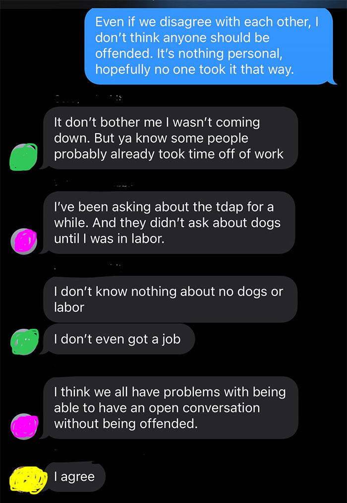 Text message conversation about family getting vaccines before visiting a new baby. Text message conversation about family getting vaccines before visiting a new baby.