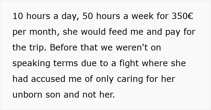 Text excerpt about woman refusing unfair babysitting pay, highlighting conflict over paying sister fairly for newborn care.