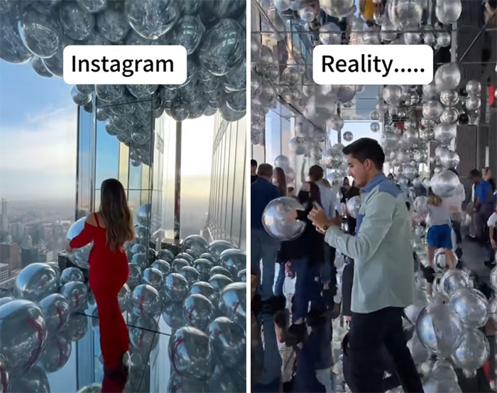 Person in red dress in an ideal Insta setting vs. crowded reality with lots of silver balloons, illustrating Insta vs. reality.