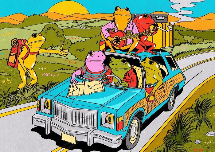 Frog characters on a road trip in a vibrant illustration by María Jesús Contreras, featuring a sunset and scenic landscape.