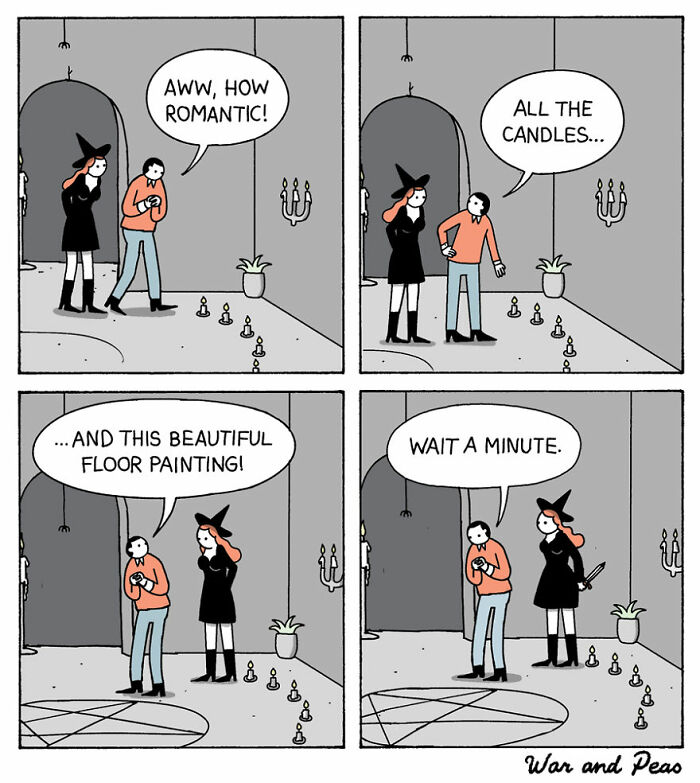 Two characters in a dark setting with candles and a floor pentagram, a comic with dark twists and humor.