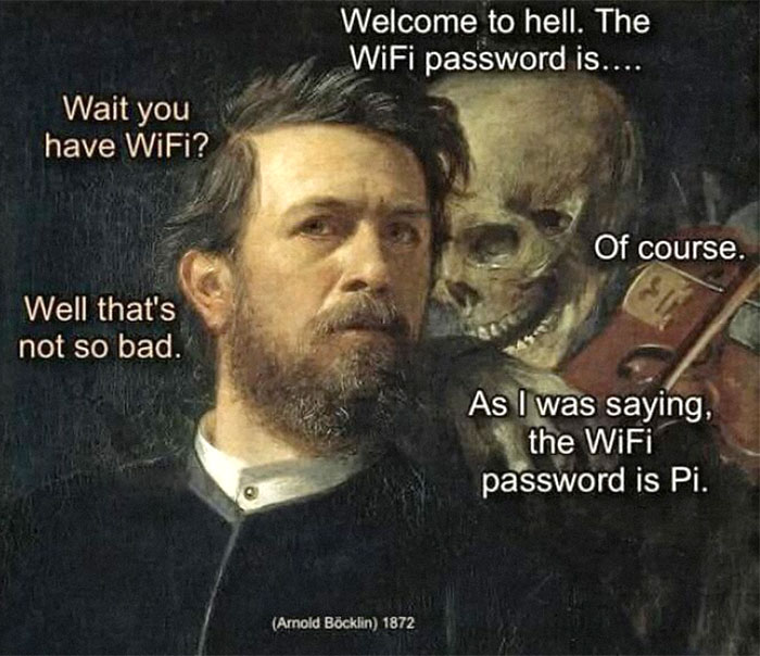 Classical painting showing a man with a skull and WiFi meme text overlay.