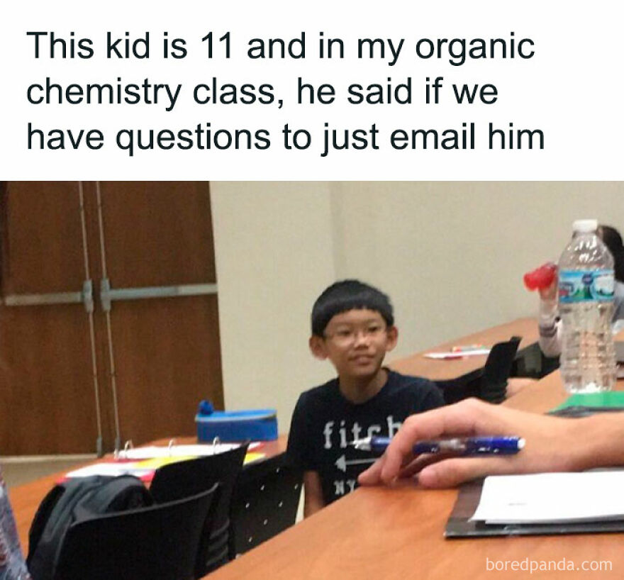 Young student in a classroom setting offers classmates his email for questions, humorous meme context.