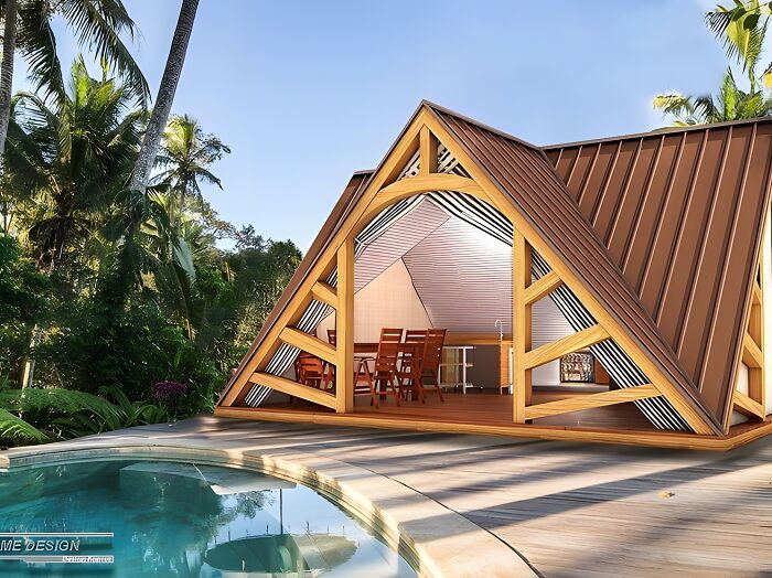 Modern wooden house with unique geometric design and outdoor seating area by a pool, showcasing woodworking ideas.