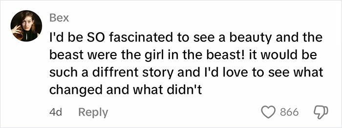 Comment discussing beauty standards in fairy tales focusing on the human female and male beast roles.