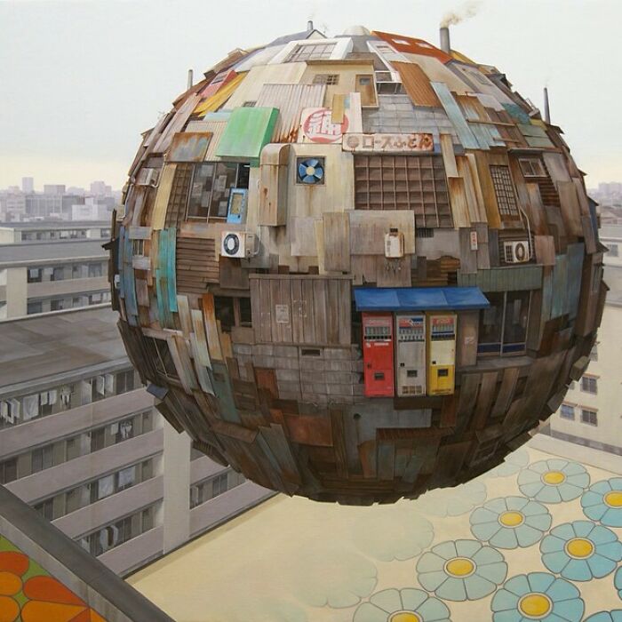Surreal floating sphere made of urban city elements representing a post-apocalyptic environment above rooftops.