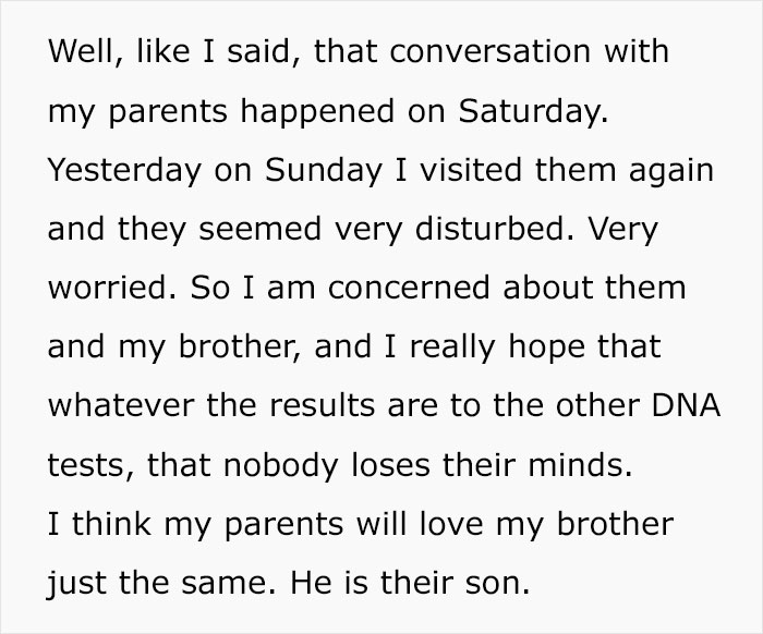 Text discussing family concerns over DNA results, expressing hope and worry.