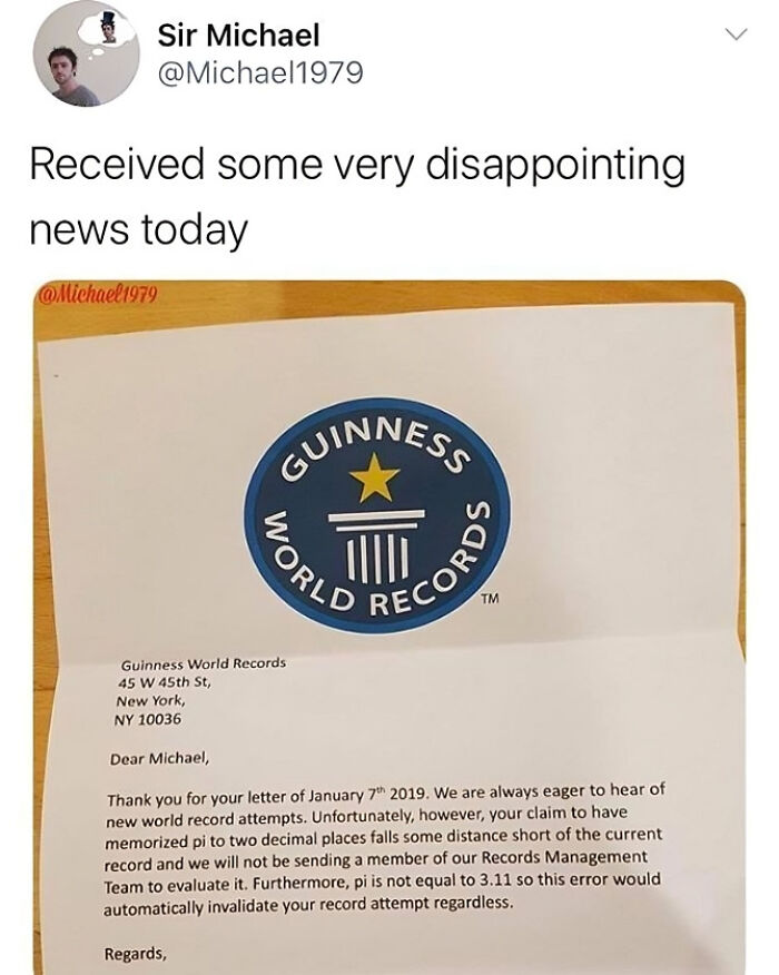 Tweet about physics meme with a rejected Guinness World Records letter on memorizing pi incorrectly.