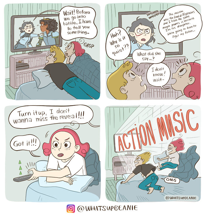 Relatable comic by Bored Panda artist about a dramatic TV moment interrupted by low volume, leading to frantic remote control use.