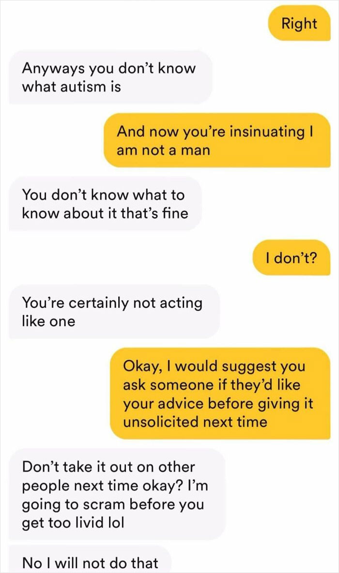 Text conversation discussing unsolicited advice and misunderstandings about autism.