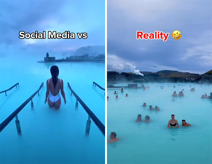 Insta vs. Reality: Woman in serene spa vs. crowded scene, revealing the truth behind perfect photos.