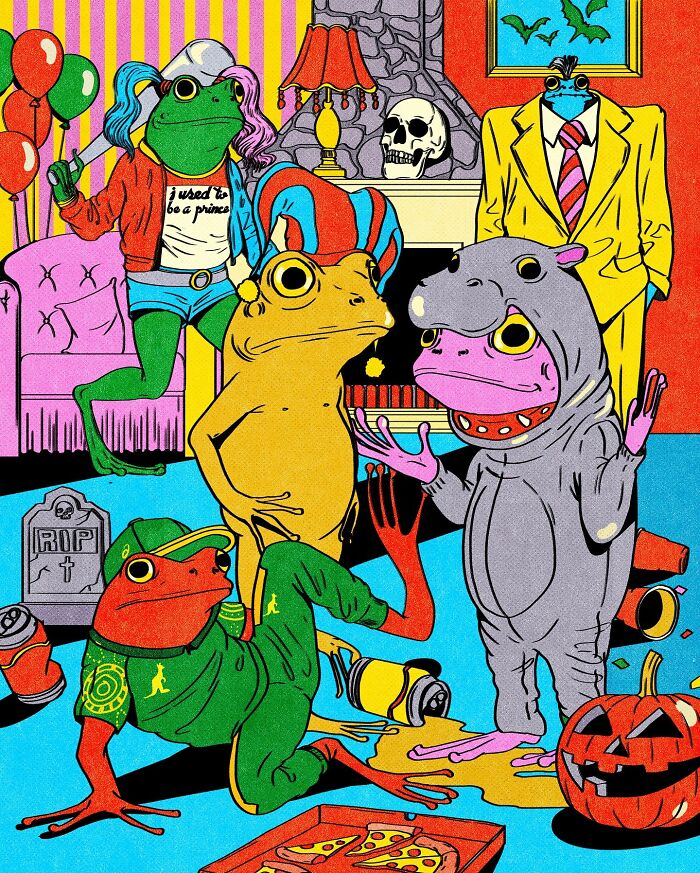 Vibrant illustration by María Jesús Contreras featuring colorful anthropomorphic frogs at a quirky party.