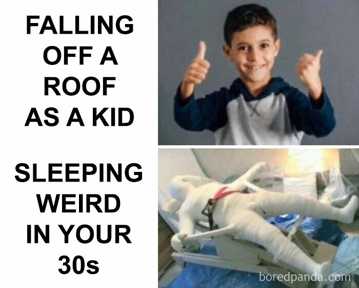 Boy giving thumbs up and someone in a full-body cast; funny meme about random childhood vs adulthood injuries.