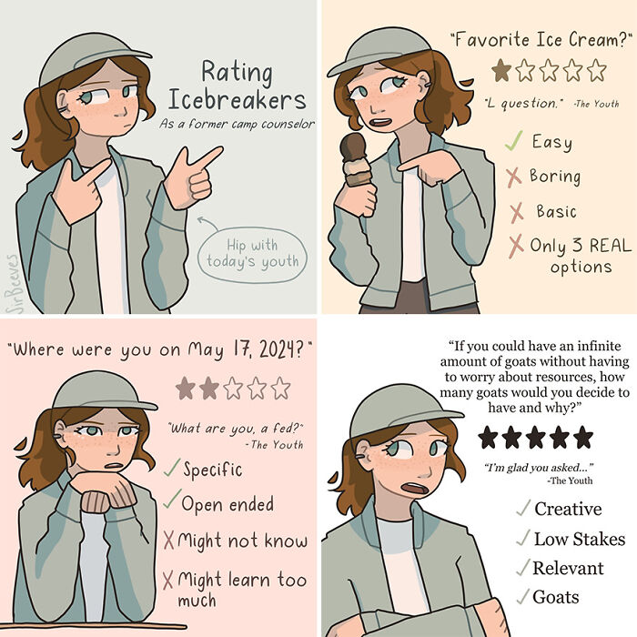 Cartoon woman rating icebreaker questions in Sir Beeves honest comics about growing up and youth experiences.