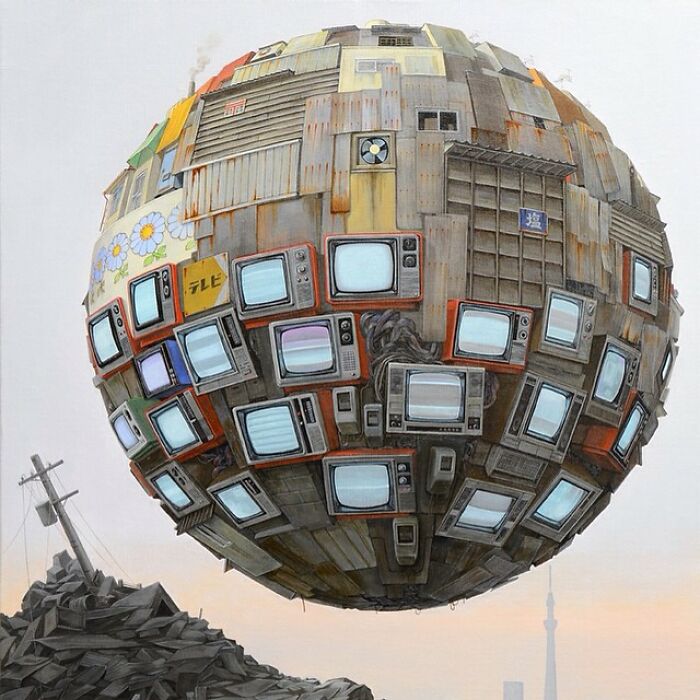 Surreal floating sphere made of old televisions and urban debris representing a post-apocalyptic cityscape.