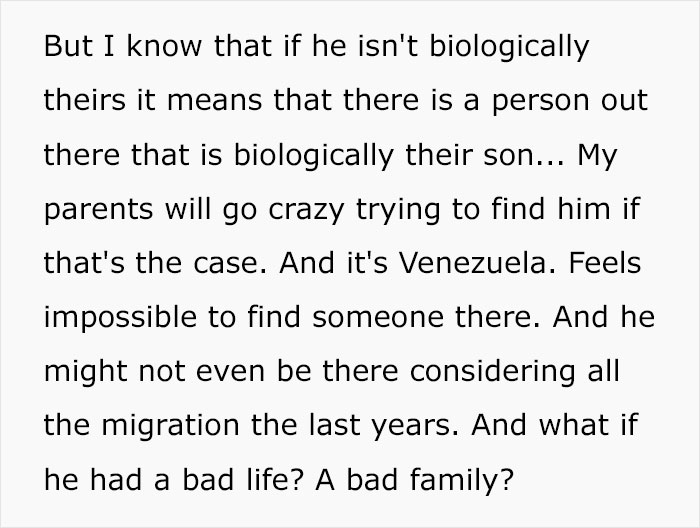 Text revealing shocking DNA results about a family's biological son in Venezuela.