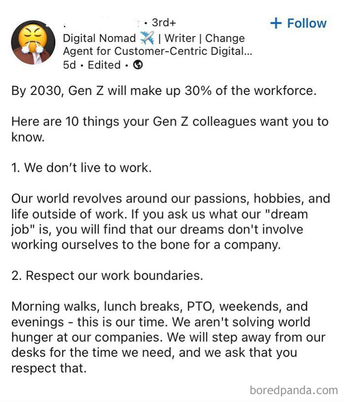 Text post about Gen Z work culture highlights two points: not living to work and respecting work boundaries, relatable for employees.