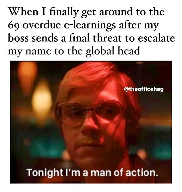 Man humorously reacts to overdue tasks with determination, capturing work struggles of employees.