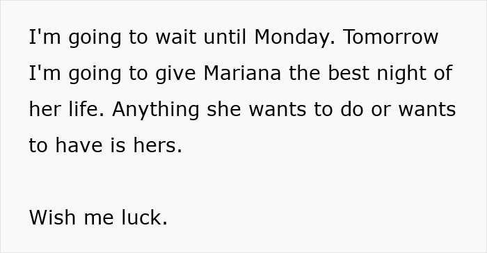 Text message about planning a special night, mentions giving Mariana the best night of her life.