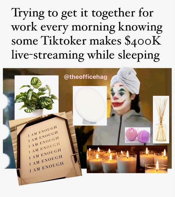 Clown face with self-care items, humorously depicting work struggles and motivation for employees.