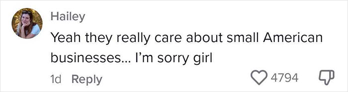 Comment expressing concern about tariffs affecting small business owners in the US, with 4794 likes.