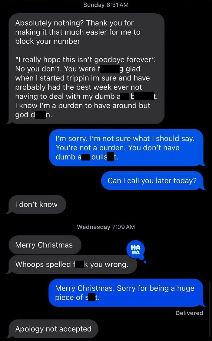 Text exchange showcasing emotional conversations needing a reality check.