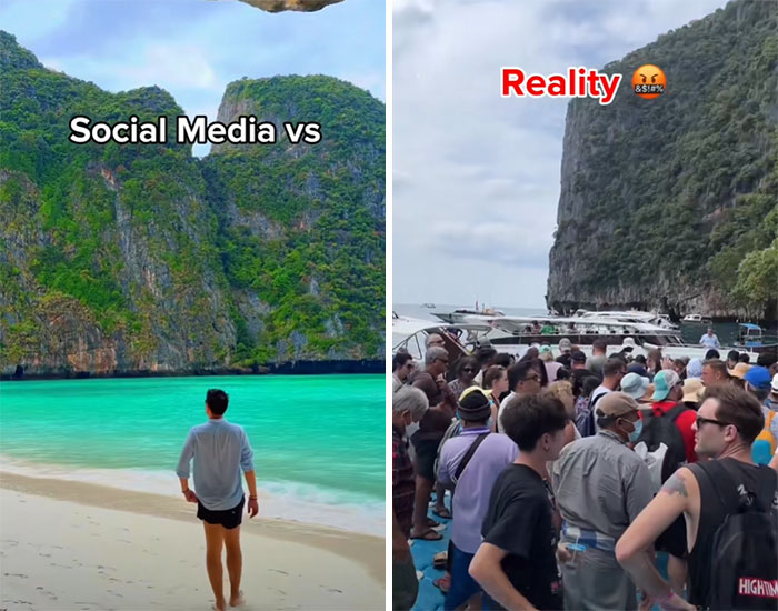 Instgram vs. Reality: Pristine beach on left contrasts with crowded shore on right, showing truth behind perfect photos.
