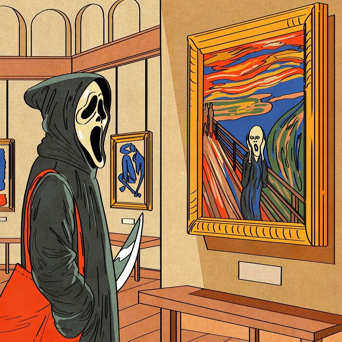 Funny illustration by María Jesús Contreras of a hooded figure surprised by "The Scream" painting in a gallery.