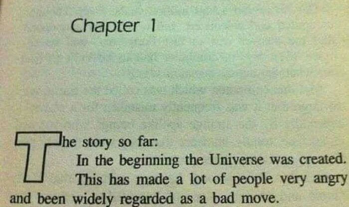 Page from a book humorously summarizing the creation of the universe, resembling a satirical philosophy meme.