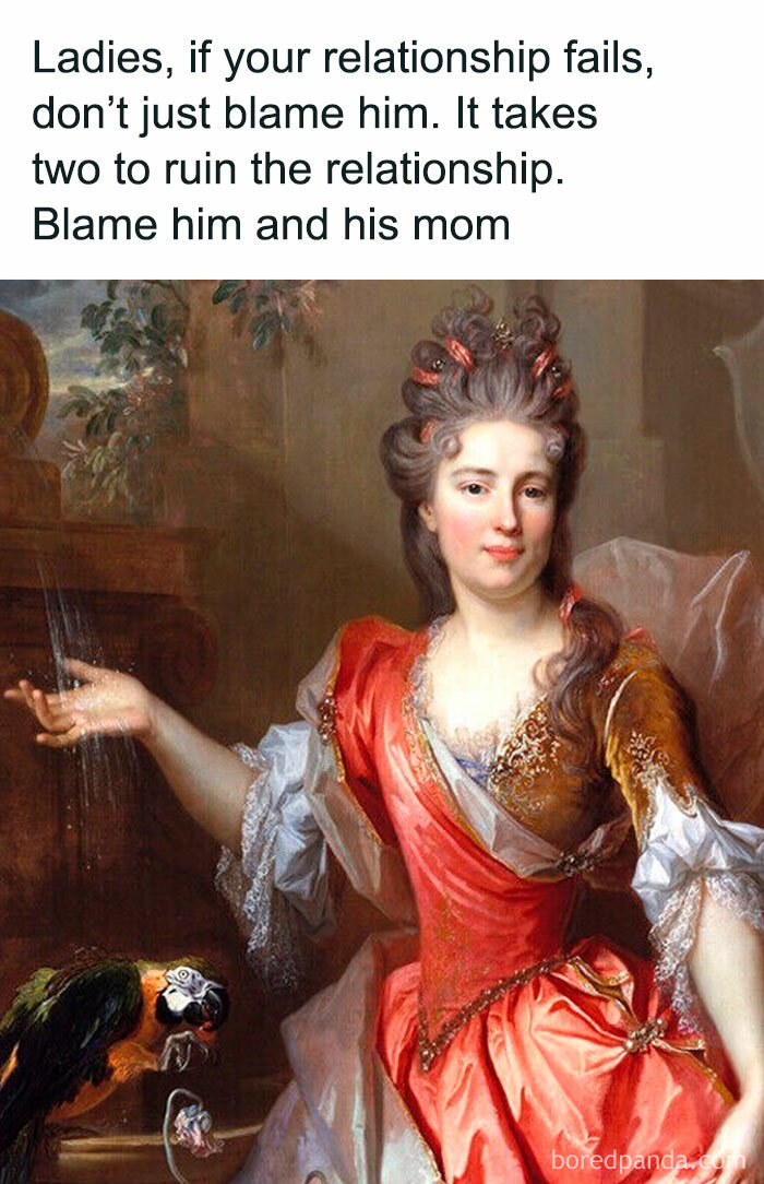 Classical painting meme of a woman with text humorously blaming a relationship failure on a partner and his mom.