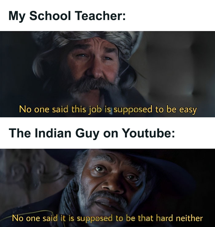 Two movie characters captioned with humorous quotes about job difficulty, creating a funny meme on physics learning.