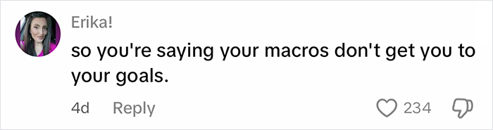 Comment from fitness influencer Erika discussing macros and weight loss goals, sparking fans canceling response online. Comment from fitness influencer Erika discussing macros and weight loss goals, sparking fans canceling response online.
