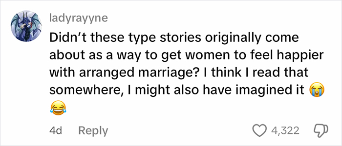Comment discussing original purpose of fairy tales related to women and arranged marriage, highlighting beauty standards in fairy tales.