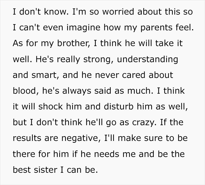 Text describing a woman's concern over family DNA results, worried about parents and brother's reactions.