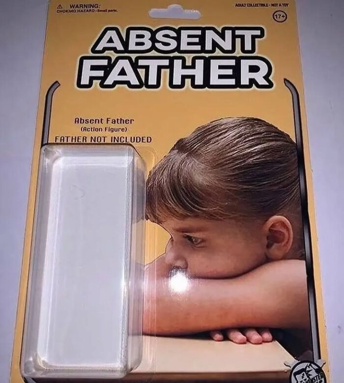 Toy package labeled "Absent Father" with empty space, featuring a contemplative child.