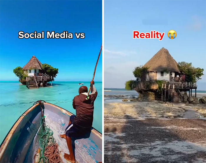 Insta vs Reality: lush island from boat view vs. dry and rocky reality with house on stilts.