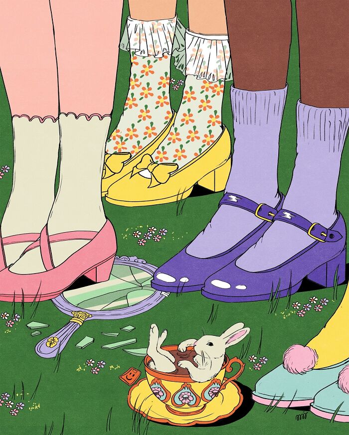Vibrant illustration by María Jesús Contreras featuring colorful shoes and a rabbit in a teacup on grass.