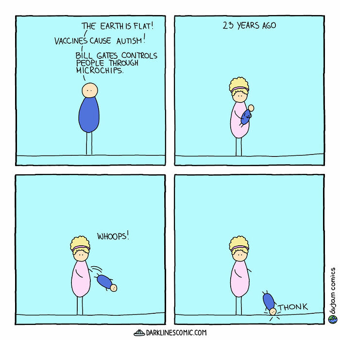 Comic strip with dark twists showing a character sharing conspiracy theories and a baby accidentally dropped 23 years ago.